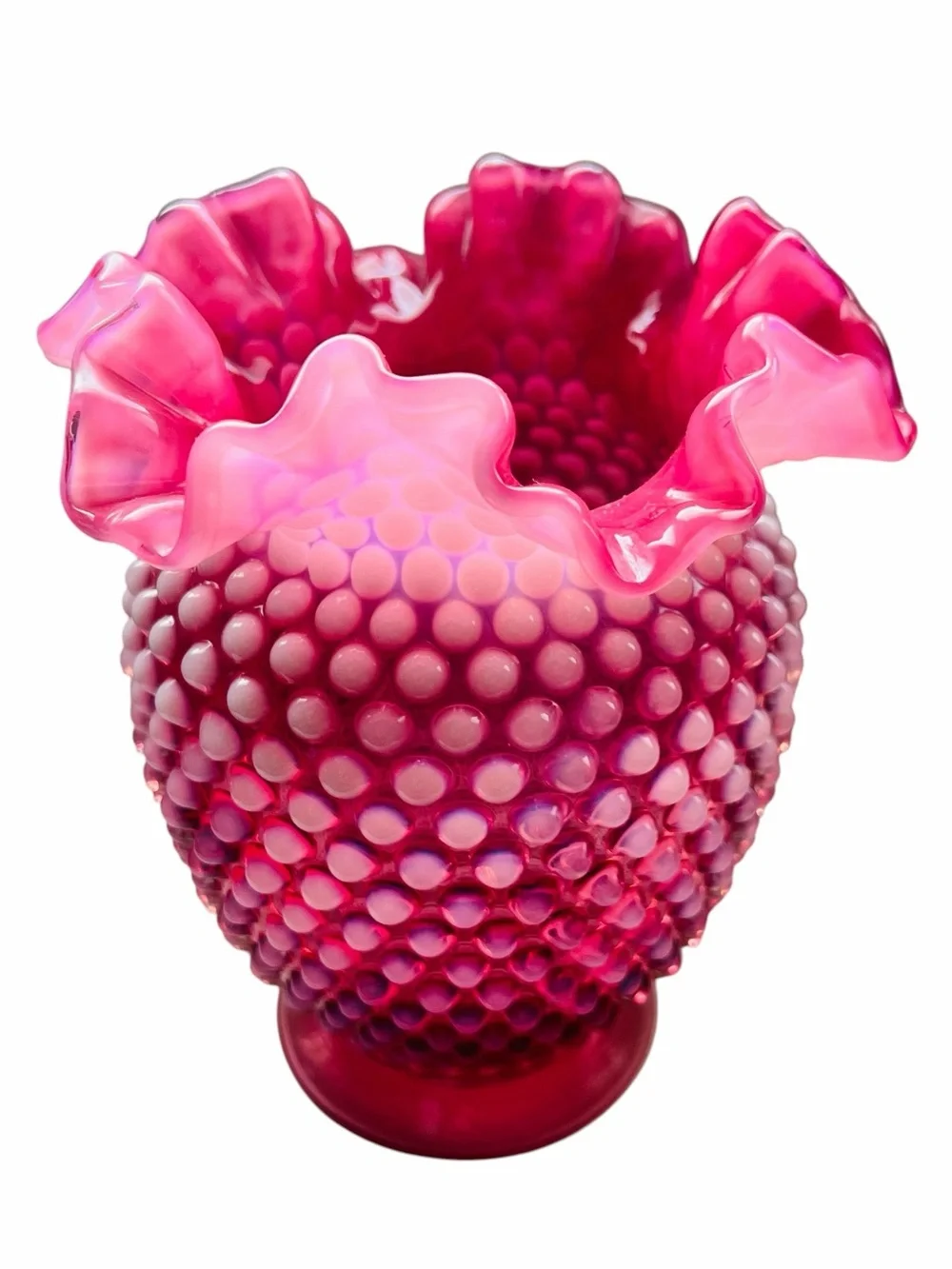 Vintage Fenton Cranberry Opalescent Glass Hobnail Crimped Vase